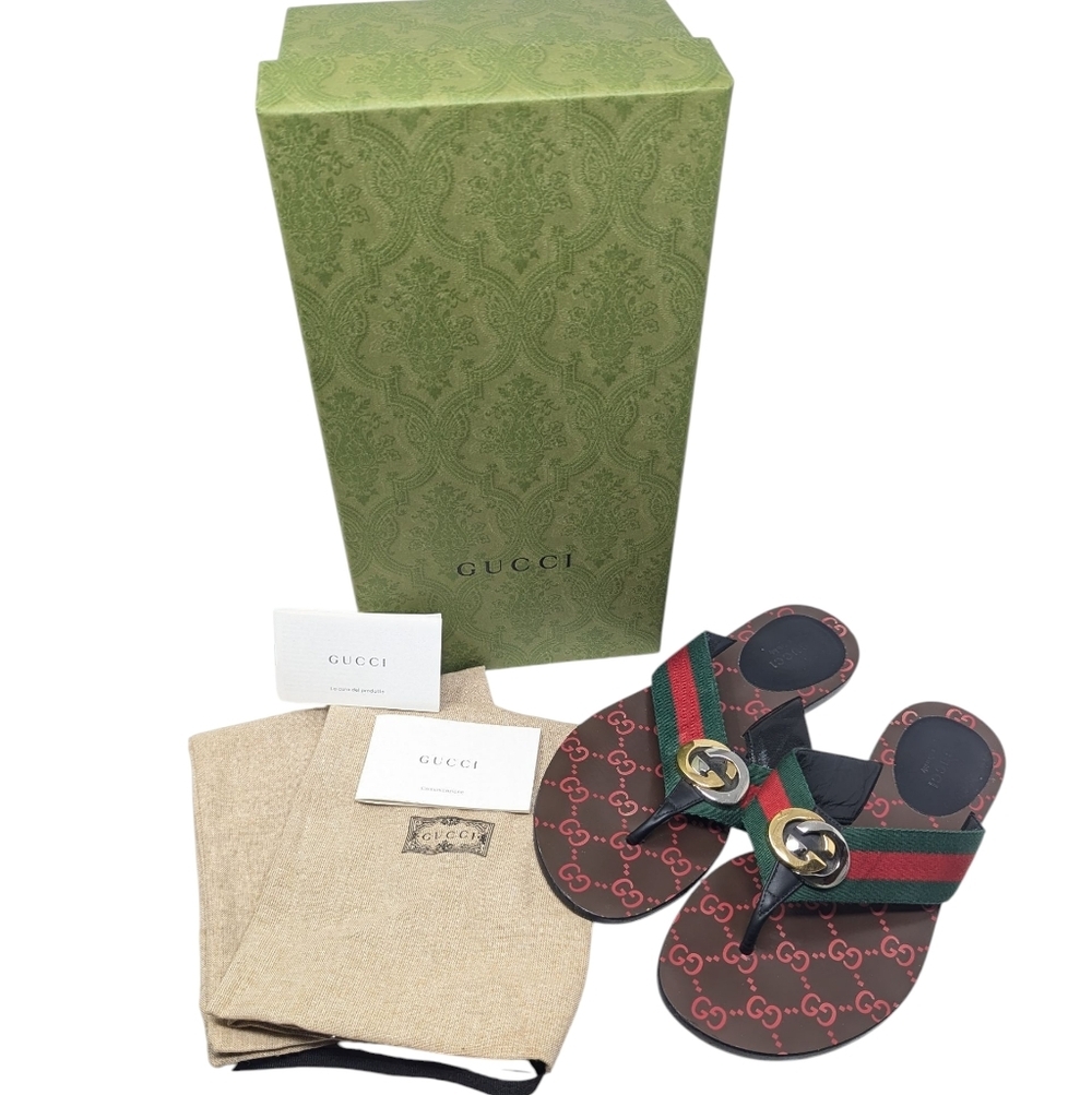 Gucci Kika Interlocking GG Red Green Thong Flip Flop Sandal Size EU 38
